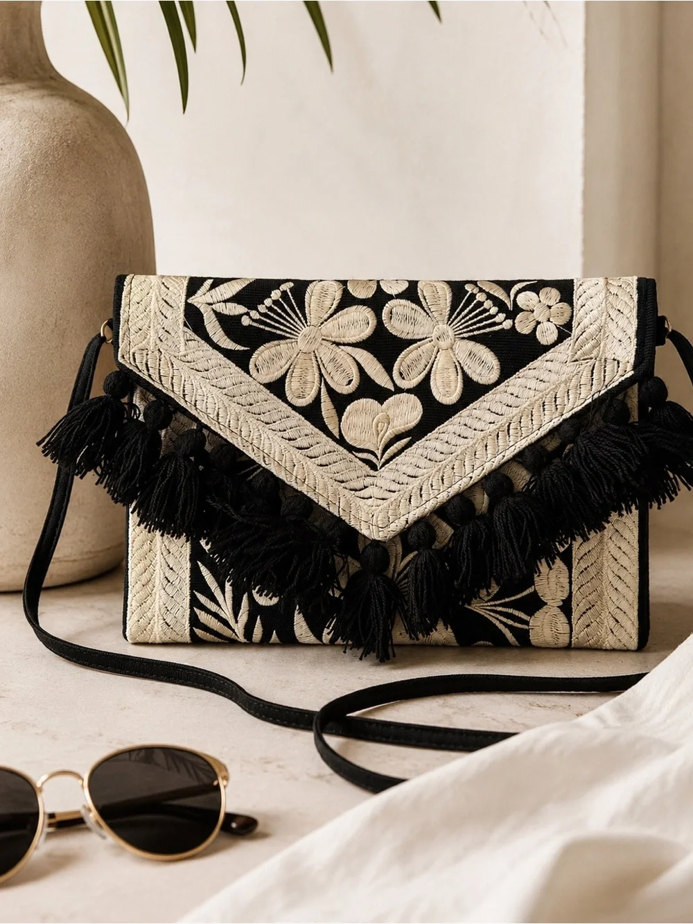 Handmade Mexican Embroidered Clutch Purse | Black & Ivory Tassel Crossbody - Picture 2 of 9